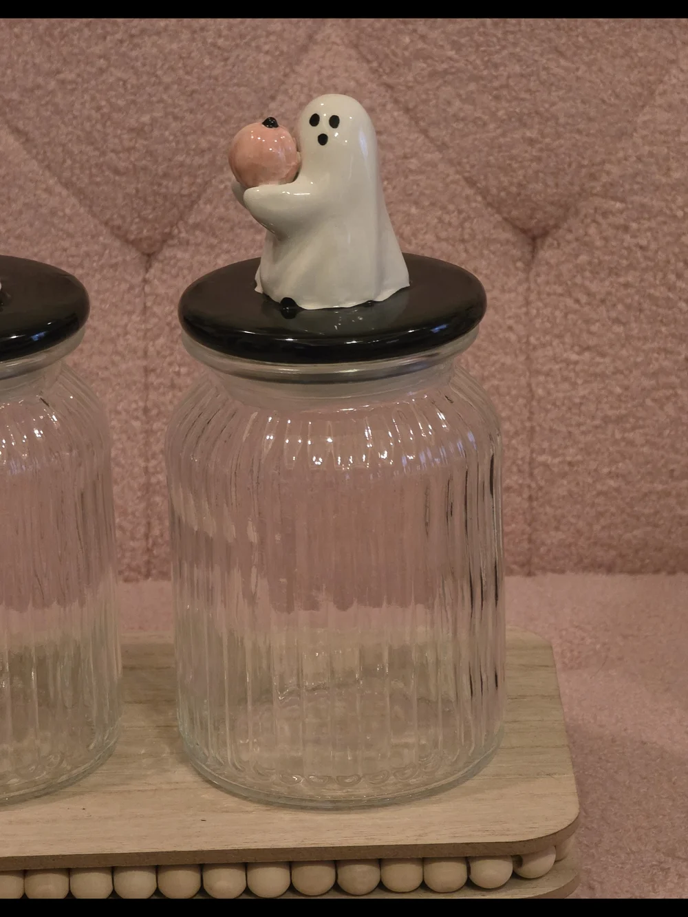 Whimsical Ghost Ceramic Lid Glass Jar Set in Pink and Black